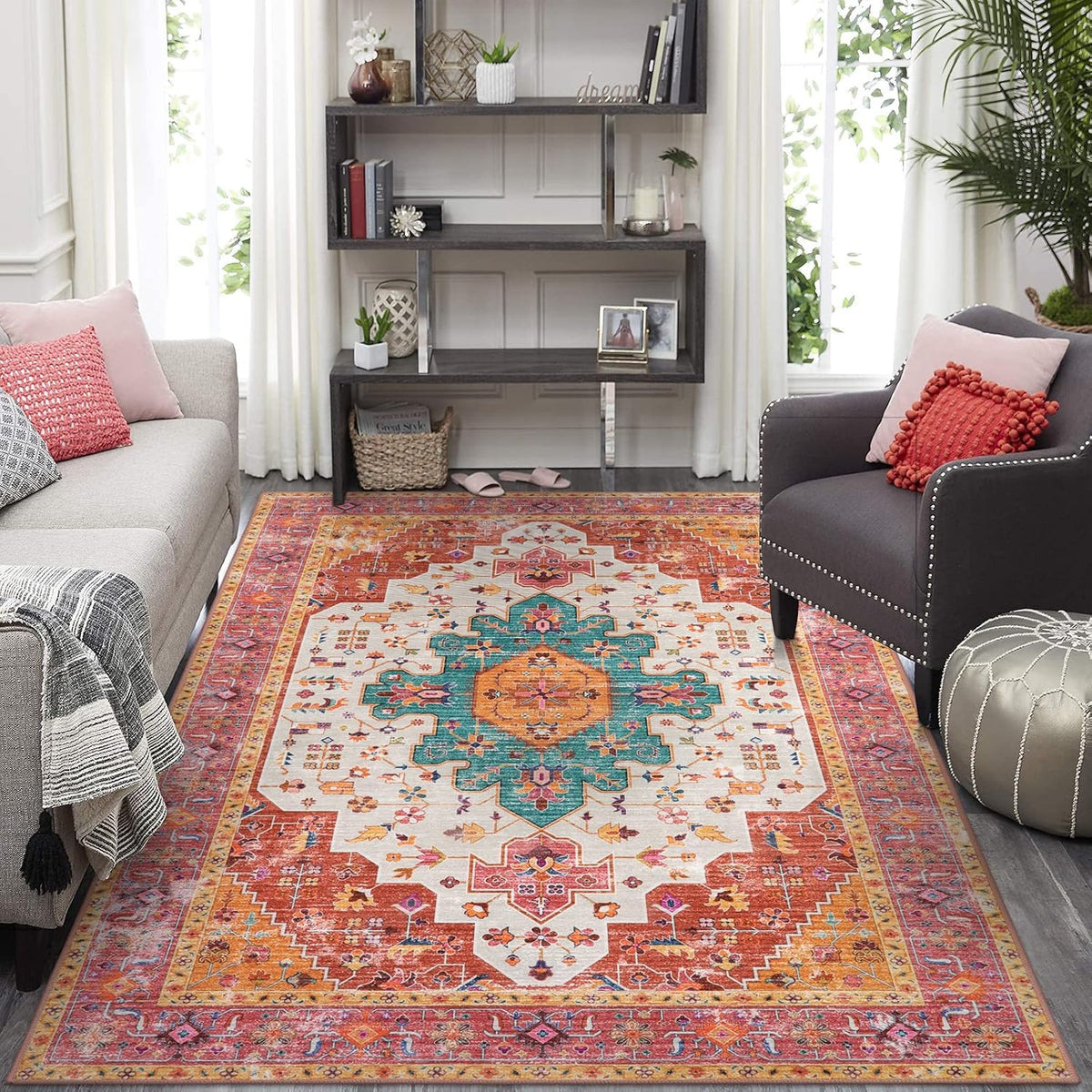Ultra-Thin Pink Area Rug - 8x10 Bedroom Living Room Rug Non-Slip Non-Shedding Nursery Mat, Indoor Oriental Medallion Floor Carpet for Dining Room Entryway Playroom