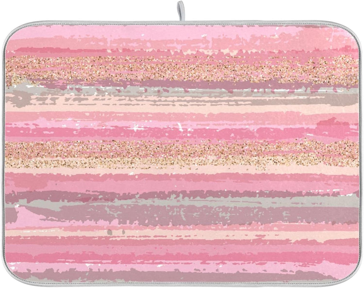 Pink Gold Stripe Dish Drying Mat for Kitchen Countertop 16x18 Rectangle Small Drying Mat Reusable Quick Dry Dish Sink Absorbent Mats Dishwasher Easy Clean Decorative Home Decor Essentials