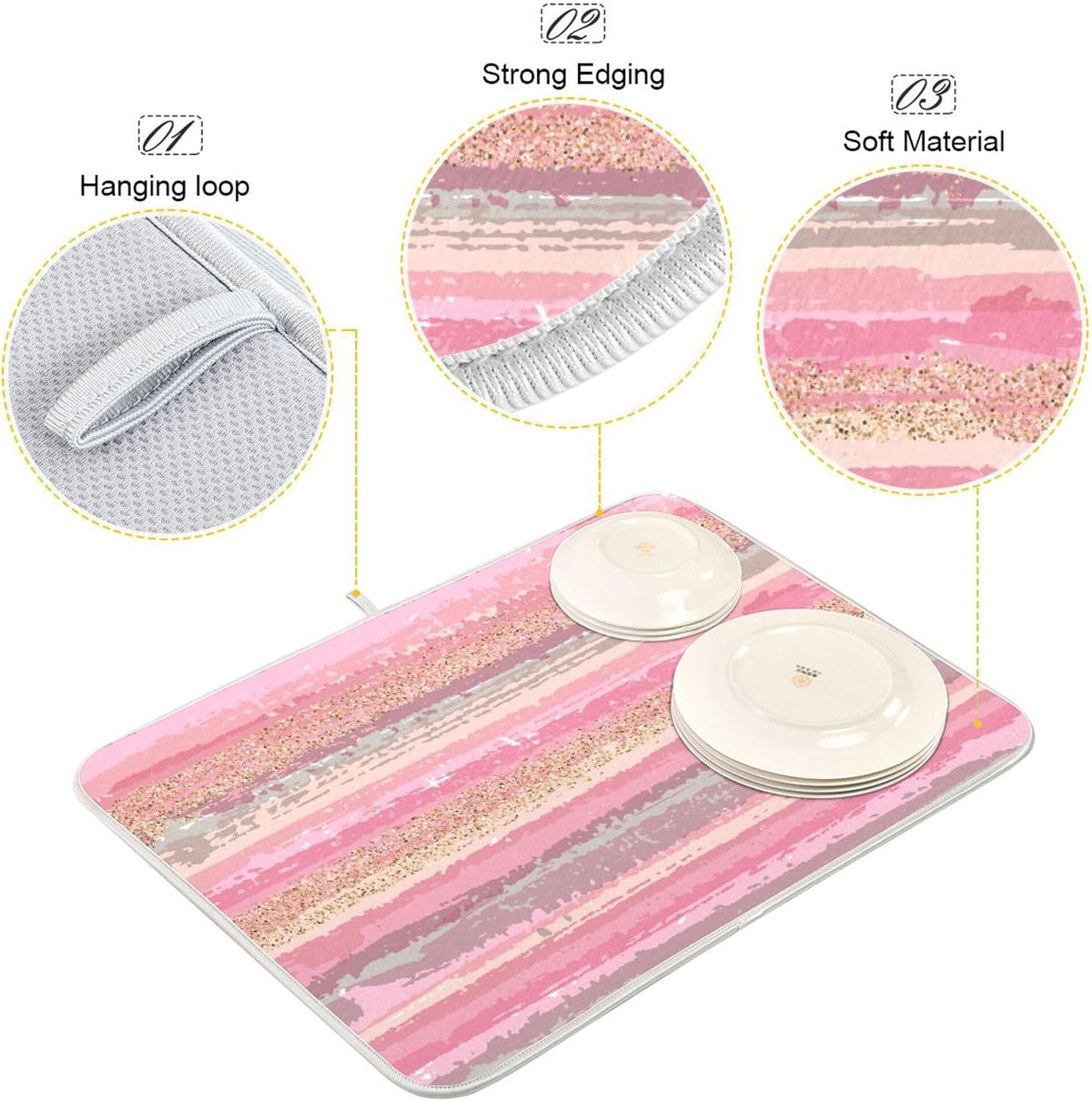 Pink Gold Stripe Dish Drying Mat for Kitchen Countertop 16x18 Rectangle Small Drying Mat Reusable Quick Dry Dish Sink Absorbent Mats Dishwasher Easy Clean Decorative Home Decor Essentials