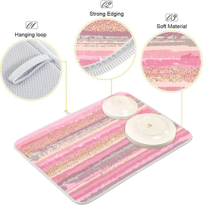 Pink Gold Stripe Dish Drying Mat for Kitchen Countertop 16x18 Rectangle Small Drying Mat Reusable Quick Dry Dish Sink Absorbent Mats Dishwasher Easy Clean Decorative Home Decor Essentials