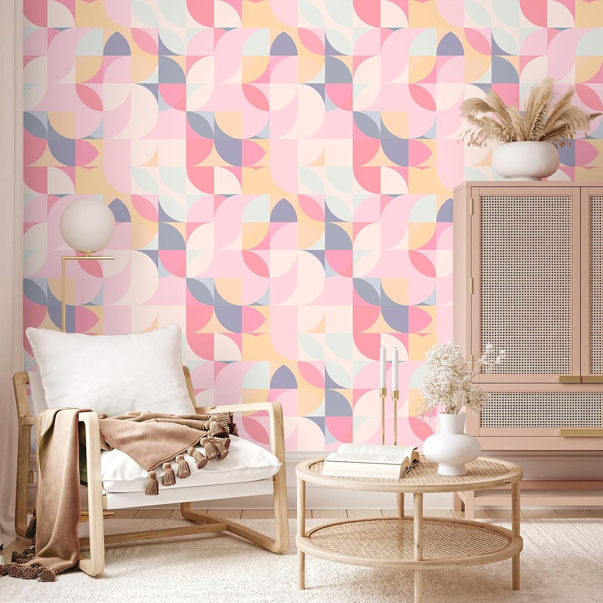 Soft Pink Geometric Wallpaper Peel and Stick Abstract Wallpaper Pink Geometric Contact Paper for Cabinets Shelves Walls 17.7''x118'' Removable Renter Friendly Art Deco Wallpaper for Bedroom