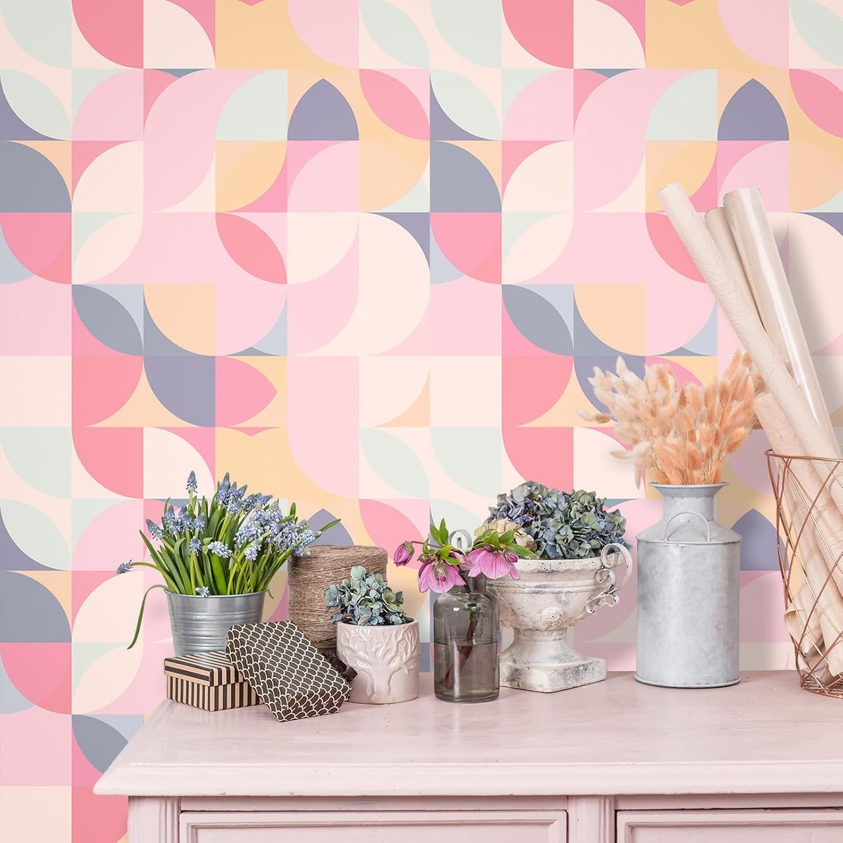 Soft Pink Geometric Wallpaper Peel and Stick Abstract Wallpaper Pink Geometric Contact Paper for Cabinets Shelves Walls 17.7''x118'' Removable Renter Friendly Art Deco Wallpaper for Bedroom