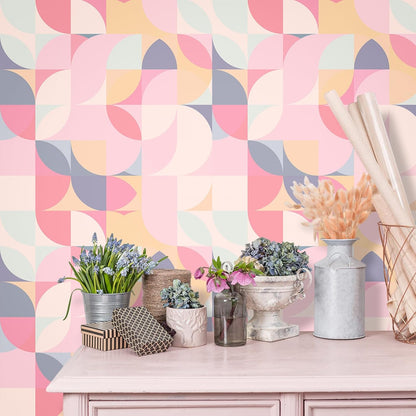 Soft Pink Geometric Wallpaper Peel and Stick Abstract Wallpaper Pink Geometric Contact Paper for Cabinets Shelves Walls 17.7''x118'' Removable Renter Friendly Art Deco Wallpaper for Bedroom