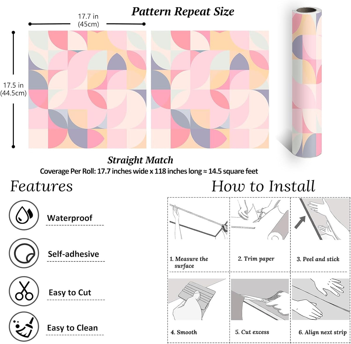 Soft Pink Geometric Wallpaper Peel and Stick Abstract Wallpaper Pink Geometric Contact Paper for Cabinets Shelves Walls 17.7''x118'' Removable Renter Friendly Art Deco Wallpaper for Bedroom