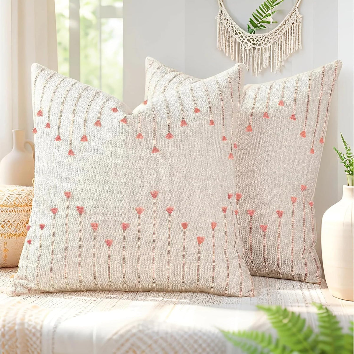 ZONYO Boho Throw Pillow Covers 18x18 Set of 2, Textured Woven Cotton Decorative Cushion Covers with Fringe Tassel, Fade Resistant Washable for Couch Sofa Bed Patio, Outdoor Farmhouse Decor, Pink