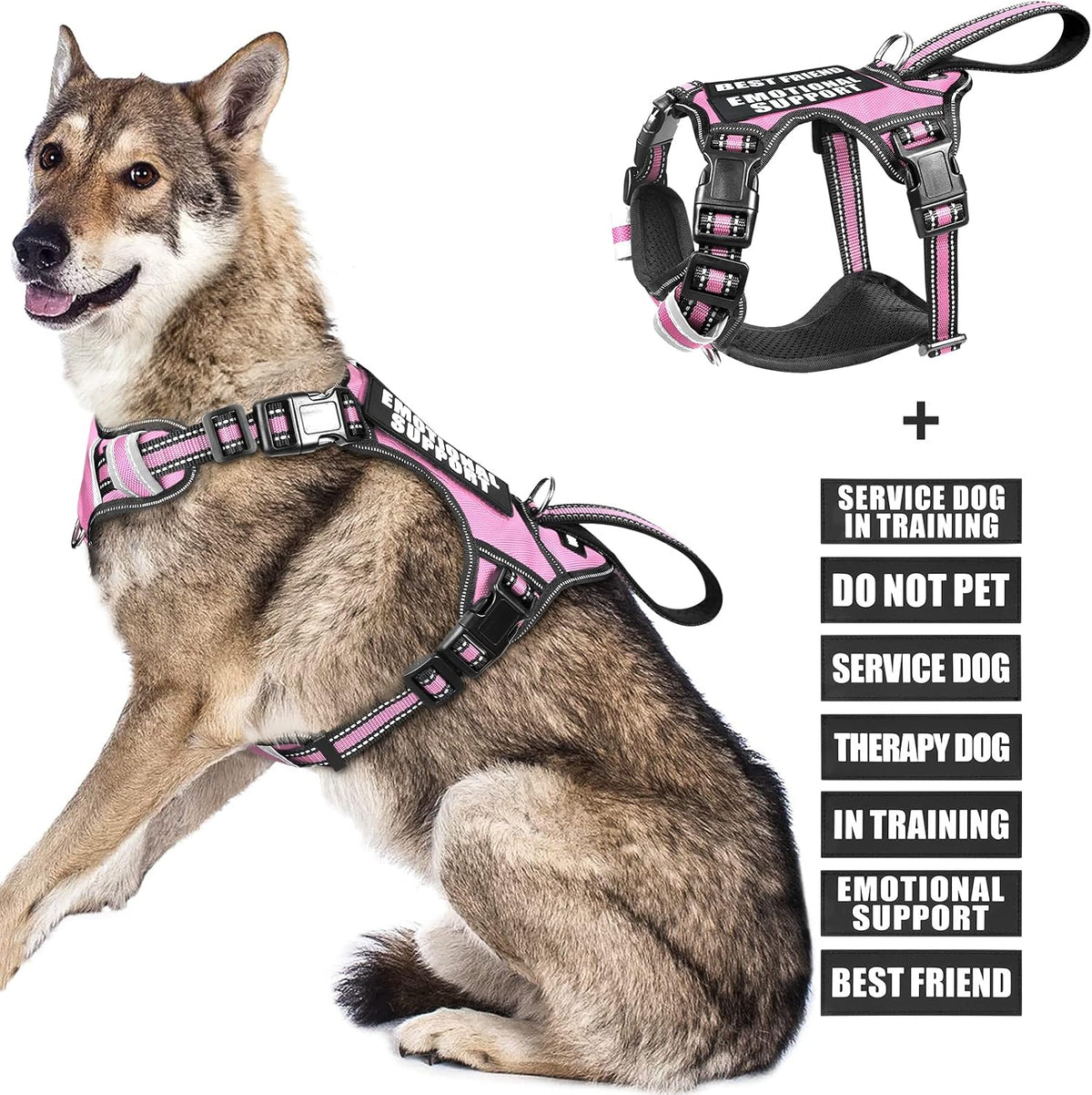 Service Dog Vest No Pull Dog Harness with 7 Dog Patches, Reflective Pet Harness with Durable Soft Padded Handle for Training Small, Medium, Large, and Extra-Large Dogs (X-Large, Pink)