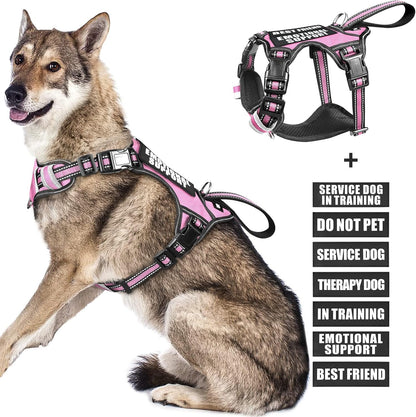 Service Dog Vest No Pull Dog Harness with 7 Dog Patches, Reflective Pet Harness with Durable Soft Padded Handle for Training Small, Medium, Large, and Extra-Large Dogs (X-Large, Pink)