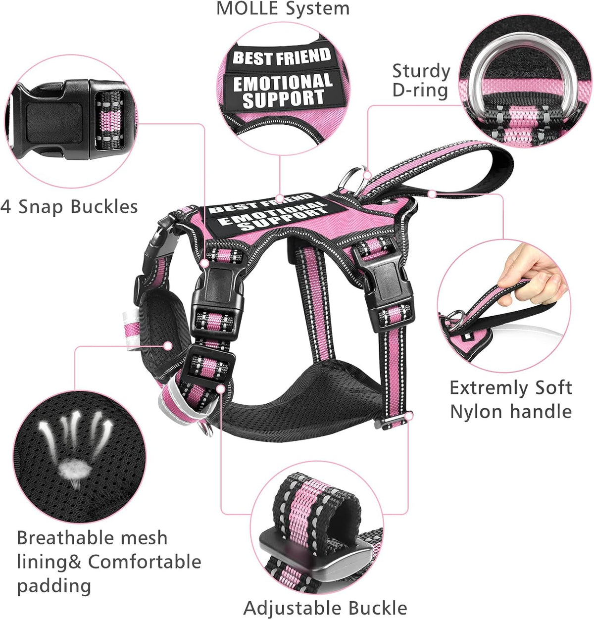 Service Dog Vest No Pull Dog Harness with 7 Dog Patches, Reflective Pet Harness with Durable Soft Padded Handle for Training Small, Medium, Large, and Extra-Large Dogs (X-Large, Pink)