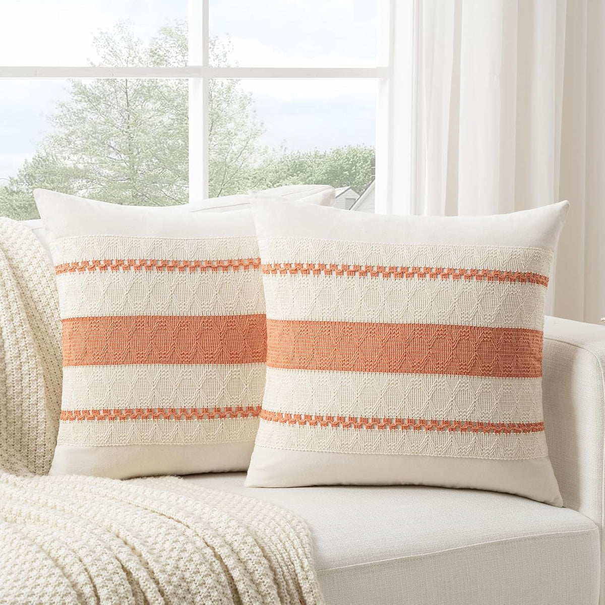 Set of 2 Boho Coral Decorative Throw Pillow Cover 16x16 Inch for Couch Bed Sofa, Aesthetic Modern Organic Farmhouse Home Decor, Soft Cotton Cute Accent Macrame Woven Cushion Case