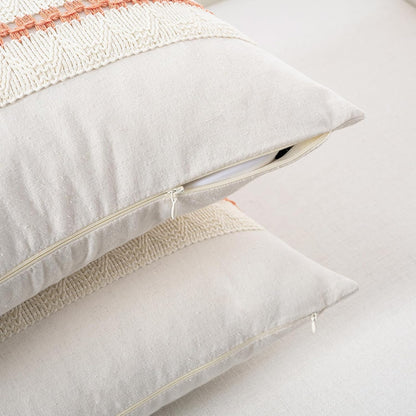 Set of 2 Boho Coral Decorative Throw Pillow Cover 16x16 Inch for Couch Bed Sofa, Aesthetic Modern Organic Farmhouse Home Decor, Soft Cotton Cute Accent Macrame Woven Cushion Case