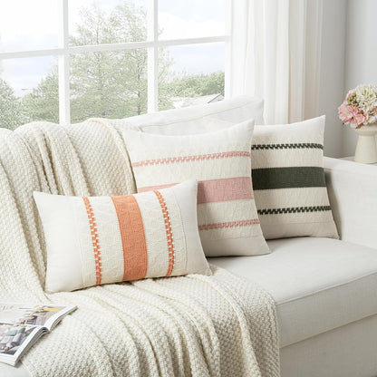 Set of 2 Boho Coral Decorative Throw Pillow Cover 16x16 Inch for Couch Bed Sofa, Aesthetic Modern Organic Farmhouse Home Decor, Soft Cotton Cute Accent Macrame Woven Cushion Case