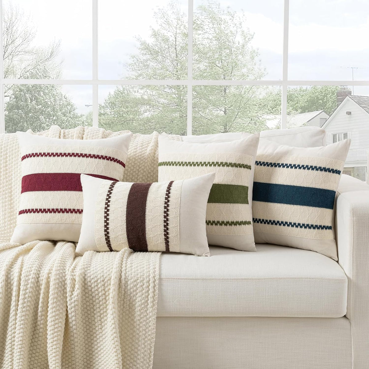 Set of 2 Boho Coral Decorative Throw Pillow Cover 16x16 Inch for Couch Bed Sofa, Aesthetic Modern Organic Farmhouse Home Decor, Soft Cotton Cute Accent Macrame Woven Cushion Case