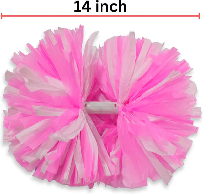 2PCS 14 Inch Plastic Cheerleading Pom Poms with Baton Handle for Kids and Adult, Pink-White