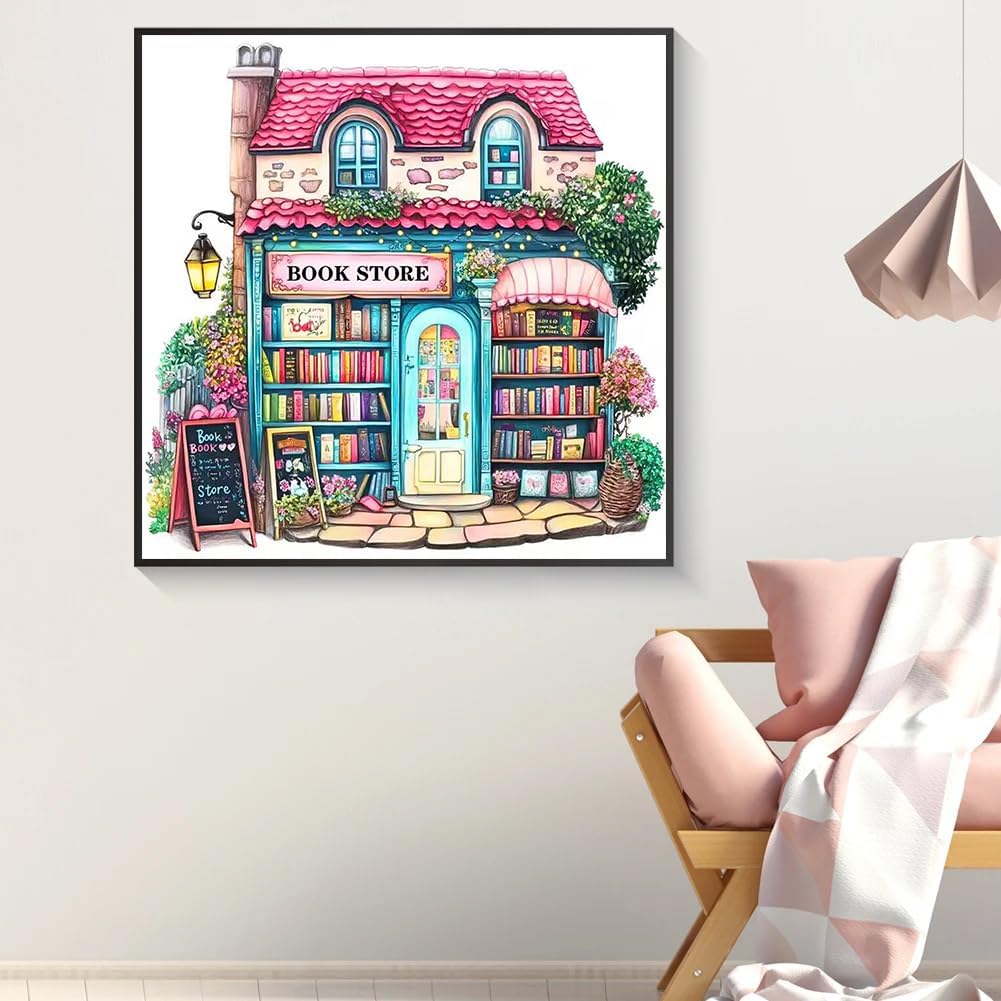 Pink Bookstore Diamond Painting Kits for Adults, 5D Diamond Art Painting by Numbers Kits, DIY Diamond Dots Art Kits, Full Round Drill Diamond Paintings for Adults for Home Wall Decor, 13.8x13.8 in