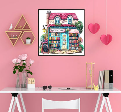 Pink Bookstore Diamond Painting Kits for Adults, 5D Diamond Art Painting by Numbers Kits, DIY Diamond Dots Art Kits, Full Round Drill Diamond Paintings for Adults for Home Wall Decor, 13.8x13.8 in