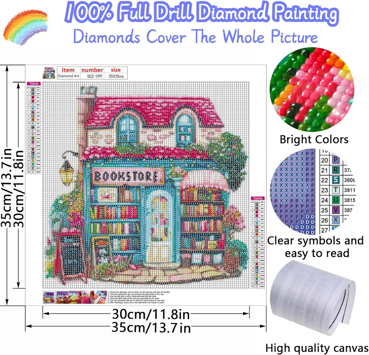 Pink Bookstore Diamond Painting Kits for Adults, 5D Diamond Art Painting by Numbers Kits, DIY Diamond Dots Art Kits, Full Round Drill Diamond Paintings for Adults for Home Wall Decor, 13.8x13.8 in