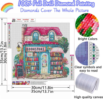 Pink Bookstore Diamond Painting Kits for Adults, 5D Diamond Art Painting by Numbers Kits, DIY Diamond Dots Art Kits, Full Round Drill Diamond Paintings for Adults for Home Wall Decor, 13.8x13.8 in
