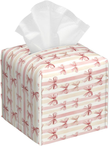 Pink Ribbon Bow Striped Tissue Box Cover Square Tissues Boxes Decorative Facial Paper Organizer for Friends, Home Nightstands Bathroom Table Decor