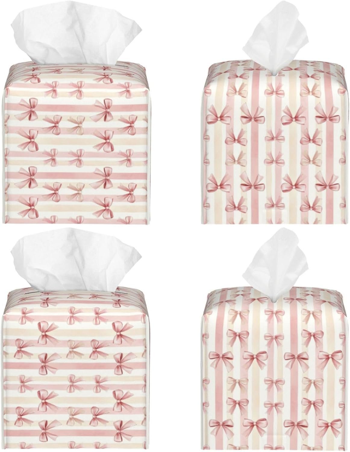 Pink Ribbon Bow Striped Tissue Box Cover Square Tissues Boxes Decorative Facial Paper Organizer for Friends, Home Nightstands Bathroom Table Decor