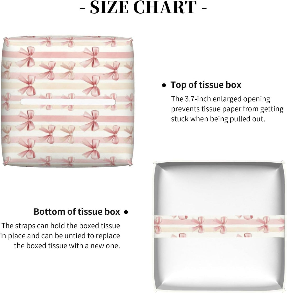 Pink Ribbon Bow Striped Tissue Box Cover Square Tissues Boxes Decorative Facial Paper Organizer for Friends, Home Nightstands Bathroom Table Decor