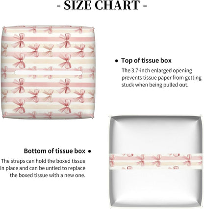 Pink Ribbon Bow Striped Tissue Box Cover Square Tissues Boxes Decorative Facial Paper Organizer for Friends, Home Nightstands Bathroom Table Decor