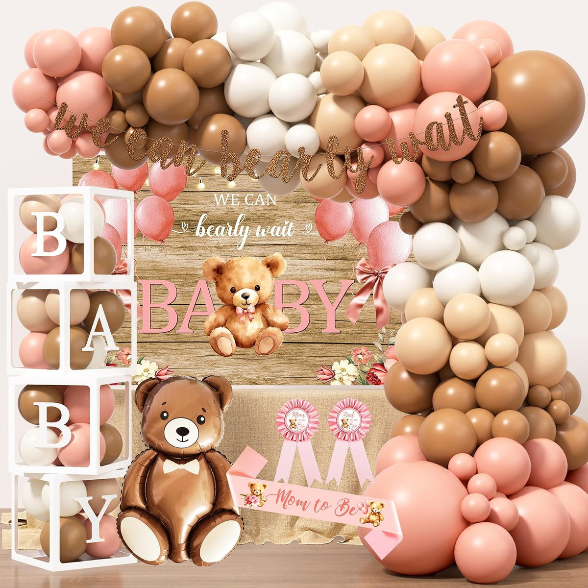 Pink Bear Baby Shower Decorations Party Supplies, We Can Bearly Wait Baby Shower Decoration for Girl with Backdrop Balloon Arch Box Mom to Be Sash Dad to Be Pin Tablecloths Bear Balloon