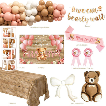 Pink Bear Baby Shower Decorations Party Supplies, We Can Bearly Wait Baby Shower Decoration for Girl with Backdrop Balloon Arch Box Mom to Be Sash Dad to Be Pin Tablecloths Bear Balloon