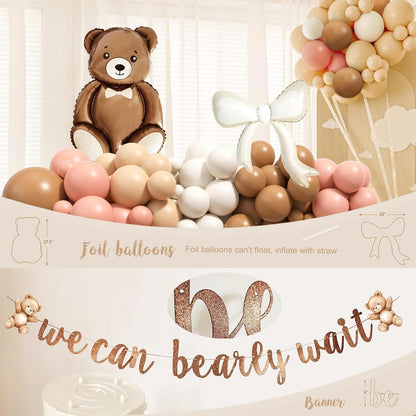 Pink Bear Baby Shower Decorations Party Supplies, We Can Bearly Wait Baby Shower Decoration for Girl with Backdrop Balloon Arch Box Mom to Be Sash Dad to Be Pin Tablecloths Bear Balloon