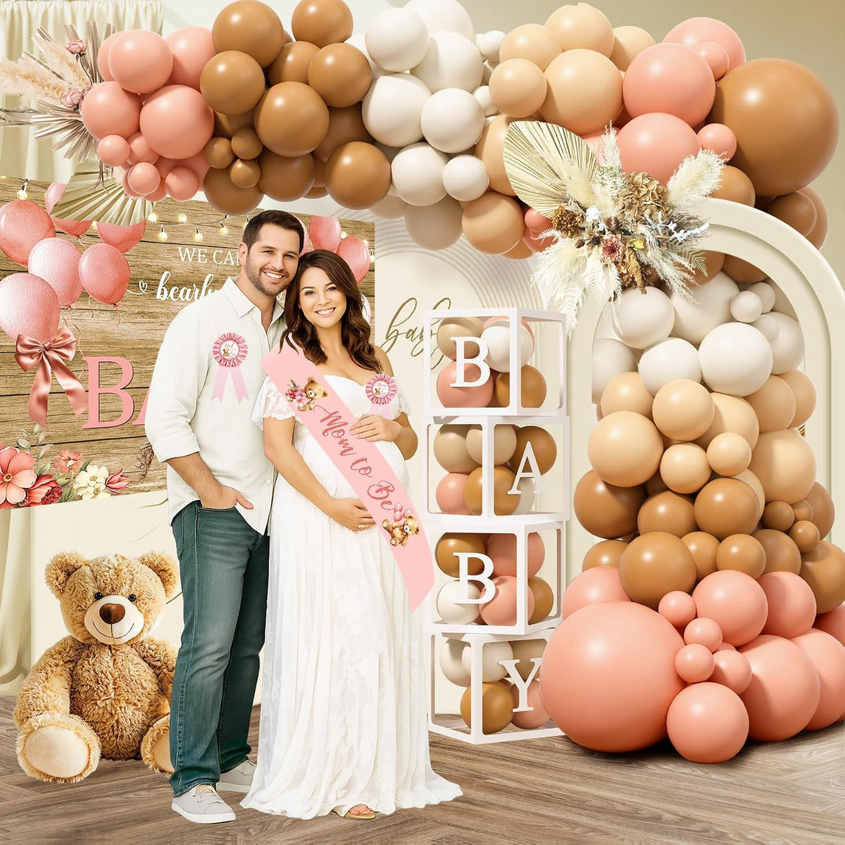 Pink Bear Baby Shower Decorations Party Supplies, We Can Bearly Wait Baby Shower Decoration for Girl with Backdrop Balloon Arch Box Mom to Be Sash Dad to Be Pin Tablecloths Bear Balloon