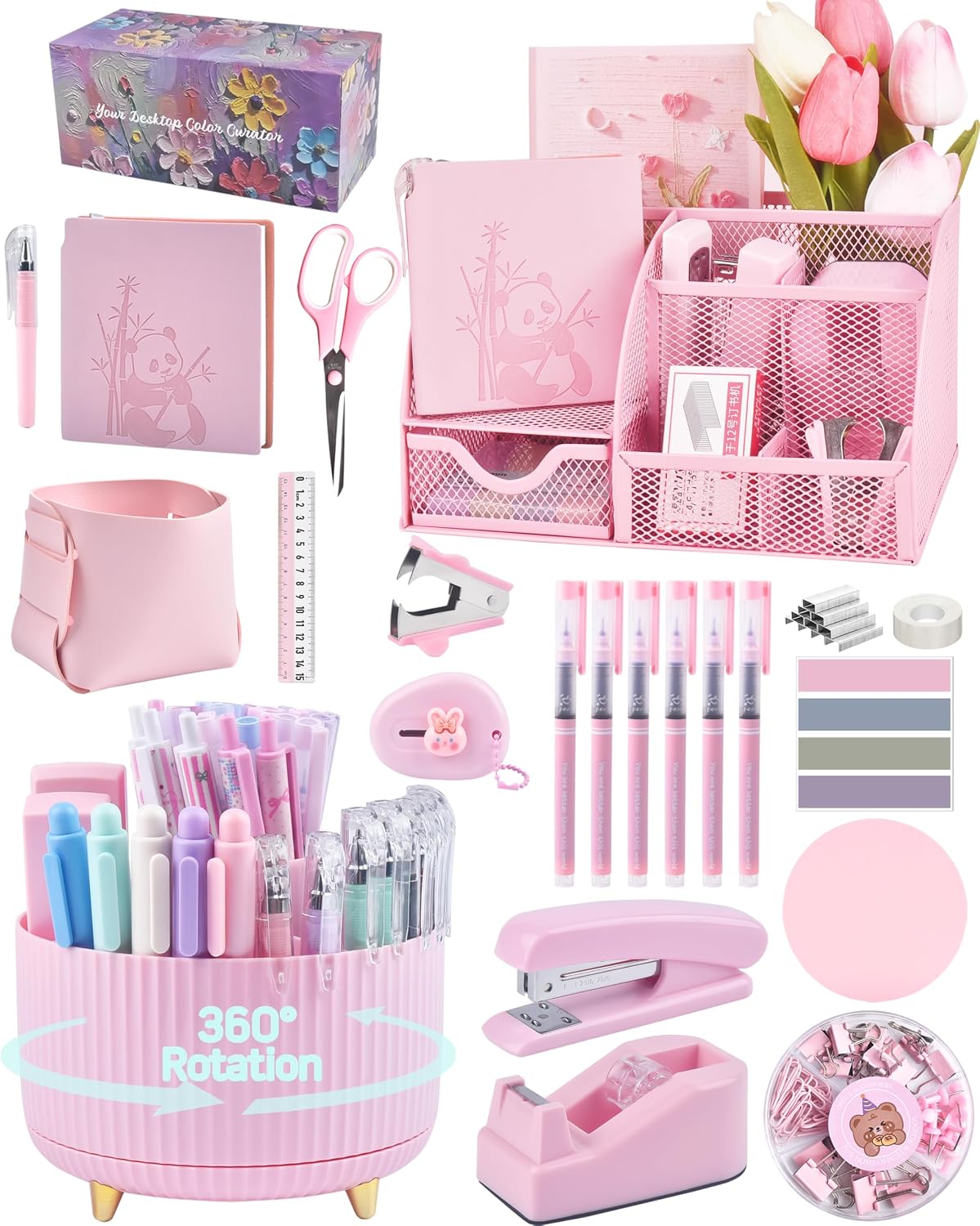 Pink Desk Accessories and Organizers with Desk Organizer and 360°Rotating Pen Holder stapler Pen and a Lot of Office Pink Office Supplies Beautifully Presented in a Gift Box