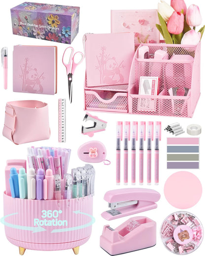 Pink Desk Accessories and Organizers with Desk Organizer and 360°Rotating Pen Holder stapler Pen and a Lot of Office Pink Office Supplies Beautifully Presented in a Gift Box