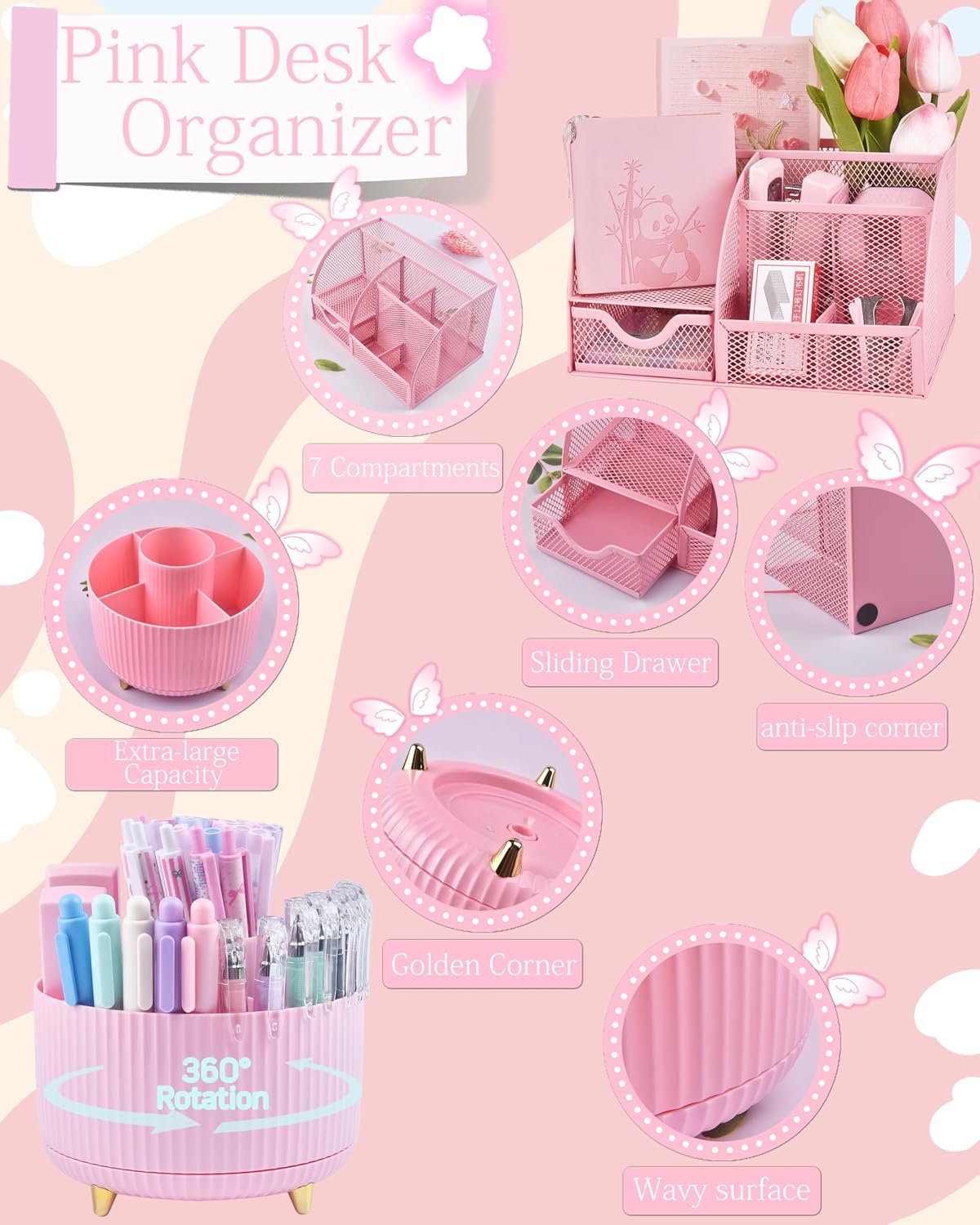 Pink Desk Accessories and Organizers with Desk Organizer and 360°Rotating Pen Holder stapler Pen and a Lot of Office Pink Office Supplies Beautifully Presented in a Gift Box