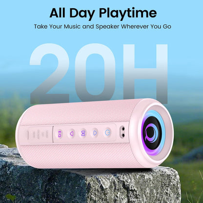 Portable Bluetooth Speaker, 2026 Bluetooth 5.4 Wireless Speaker with 20W HD Loud Stereo Sound, TWS Pairing, 20H playtime, RGB Lights, IP7, Built-in Mic, for Outdoor, Home, Beach, Party, Gift, Pink