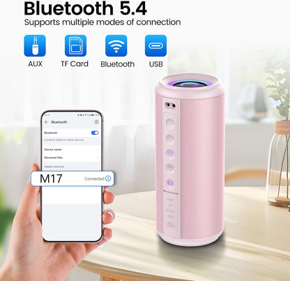 Portable Bluetooth Speaker, 2026 Bluetooth 5.4 Wireless Speaker with 20W HD Loud Stereo Sound, TWS Pairing, 20H playtime, RGB Lights, IP7, Built-in Mic, for Outdoor, Home, Beach, Party, Gift, Pink