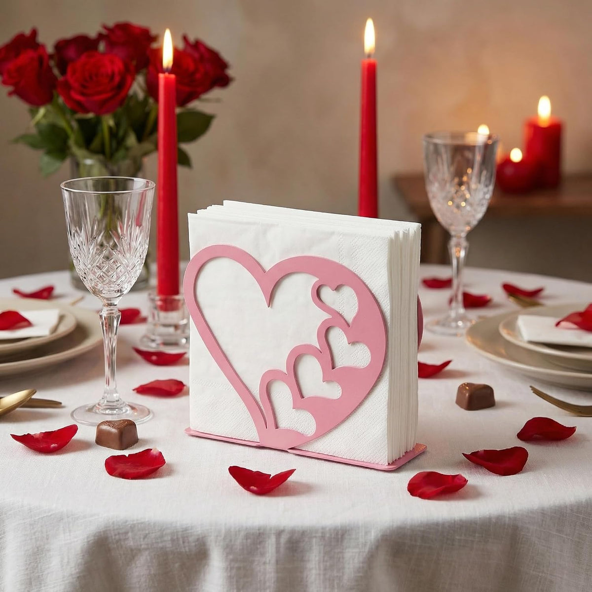 Valentines Heart Napkin Holder for Table, Freestanding Pink Metal Napkin Dispenser Romantic Tabletop Paper Holder for Kitchen Counter, Dining Table, Farmhouse & Café Decor