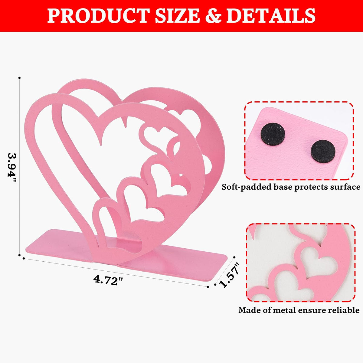 Valentines Heart Napkin Holder for Table, Freestanding Pink Metal Napkin Dispenser Romantic Tabletop Paper Holder for Kitchen Counter, Dining Table, Farmhouse & Café Decor