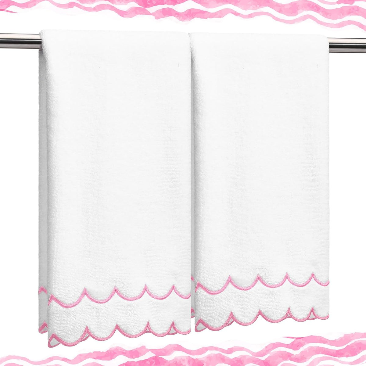 2 Scalloped Hand Towels Fingertip Towels for Bathroom,Pink