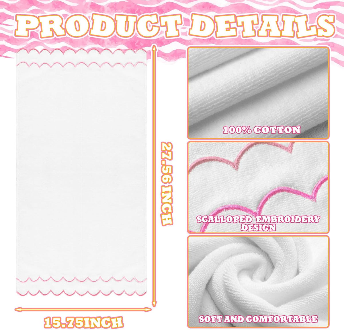 2 Scalloped Hand Towels Fingertip Towels for Bathroom,Pink