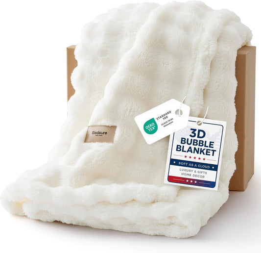 Bedsure 3D Fleece Bubble Blanket for Couch - GentleSoft Cute White Throw Blanket for Sofa Bed Room Decor - Luxury Soft Cozy Cloud Blanket Mothers Gifts for Women, Lightweight, Off White, 50"×60"
