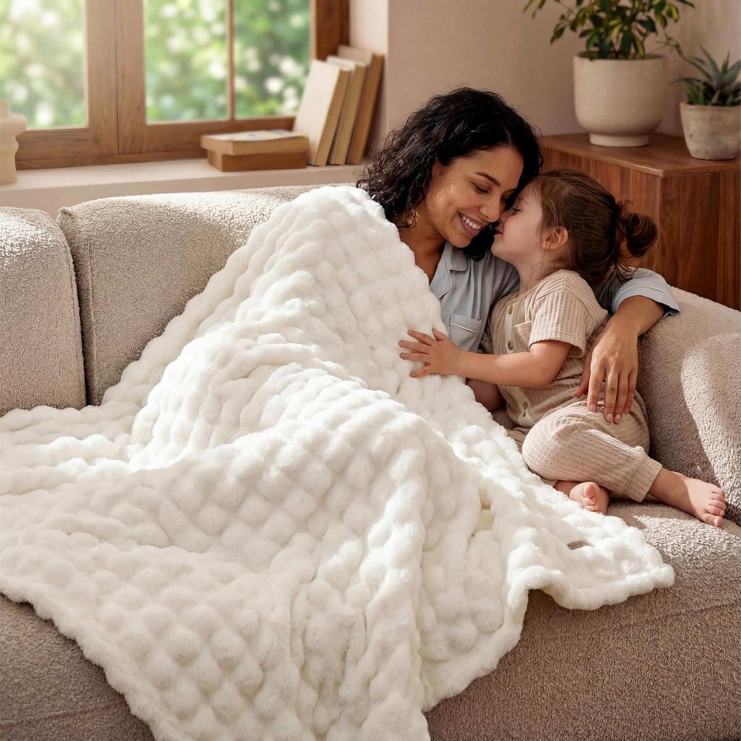 Bedsure 3D Fleece Bubble Blanket for Couch - GentleSoft Cute White Throw Blanket for Sofa Bed Room Decor - Luxury Soft Cozy Cloud Blanket Mothers Gifts for Women, Lightweight, Off White, 50"×60"
