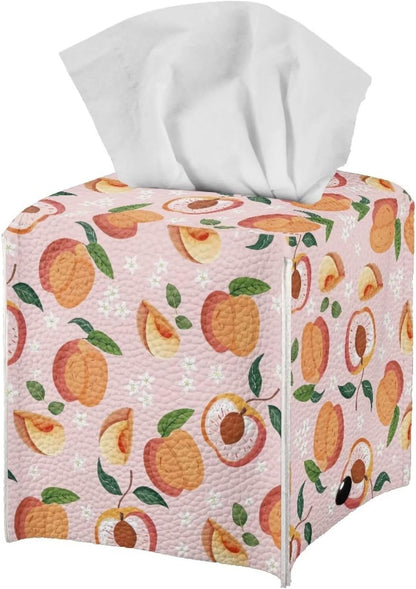 Pink Cute Peach Tissue Box Holder Modern Decorative PU Leather Square Tissue Box Cover for Home Office Tissue Cube Organizer for Dining Table Nightstand