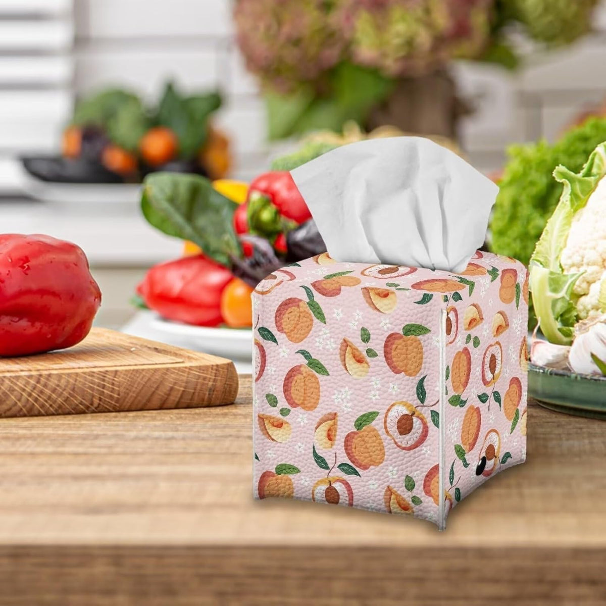 Pink Cute Peach Tissue Box Holder Modern Decorative PU Leather Square Tissue Box Cover for Home Office Tissue Cube Organizer for Dining Table Nightstand