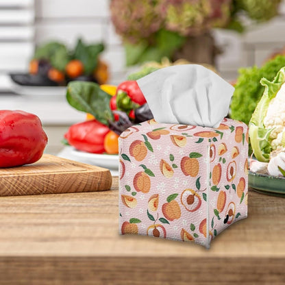 Pink Cute Peach Tissue Box Holder Modern Decorative PU Leather Square Tissue Box Cover for Home Office Tissue Cube Organizer for Dining Table Nightstand
