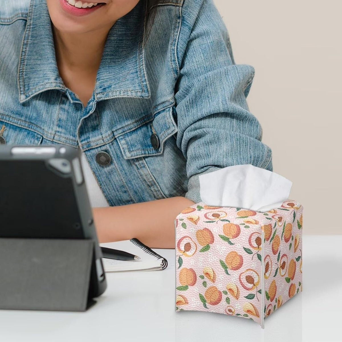 Pink Cute Peach Tissue Box Holder Modern Decorative PU Leather Square Tissue Box Cover for Home Office Tissue Cube Organizer for Dining Table Nightstand