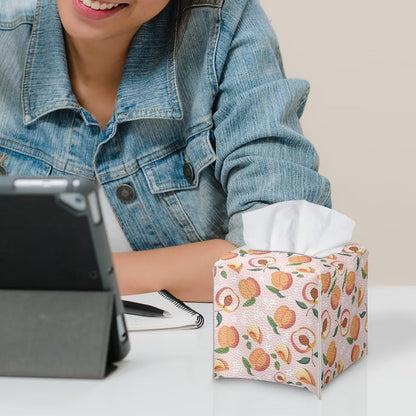 Pink Cute Peach Tissue Box Holder Modern Decorative PU Leather Square Tissue Box Cover for Home Office Tissue Cube Organizer for Dining Table Nightstand