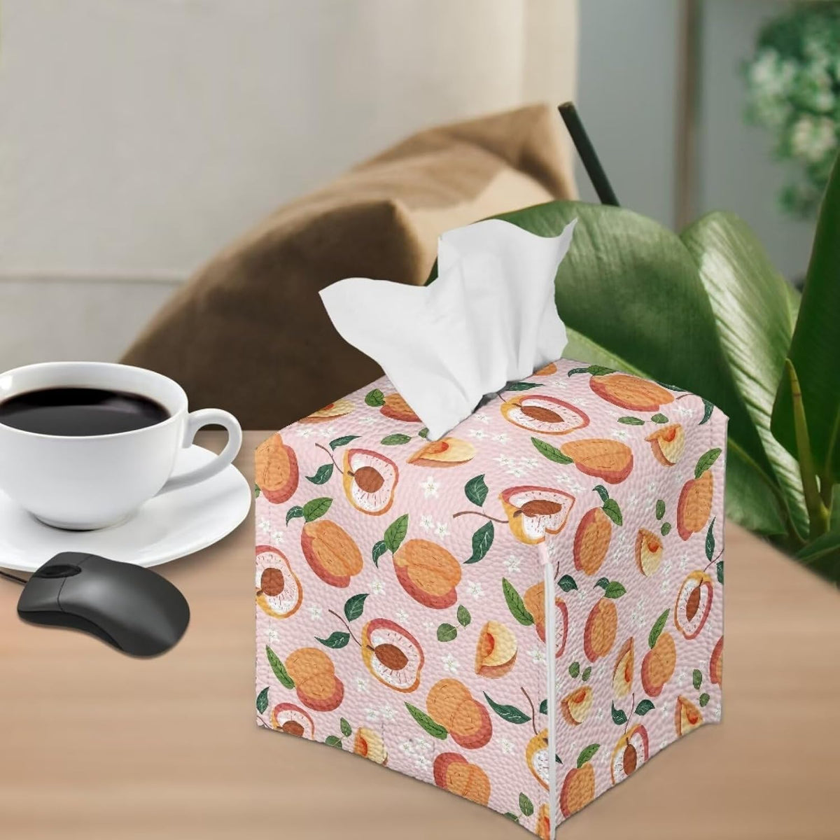 Pink Cute Peach Tissue Box Holder Modern Decorative PU Leather Square Tissue Box Cover for Home Office Tissue Cube Organizer for Dining Table Nightstand