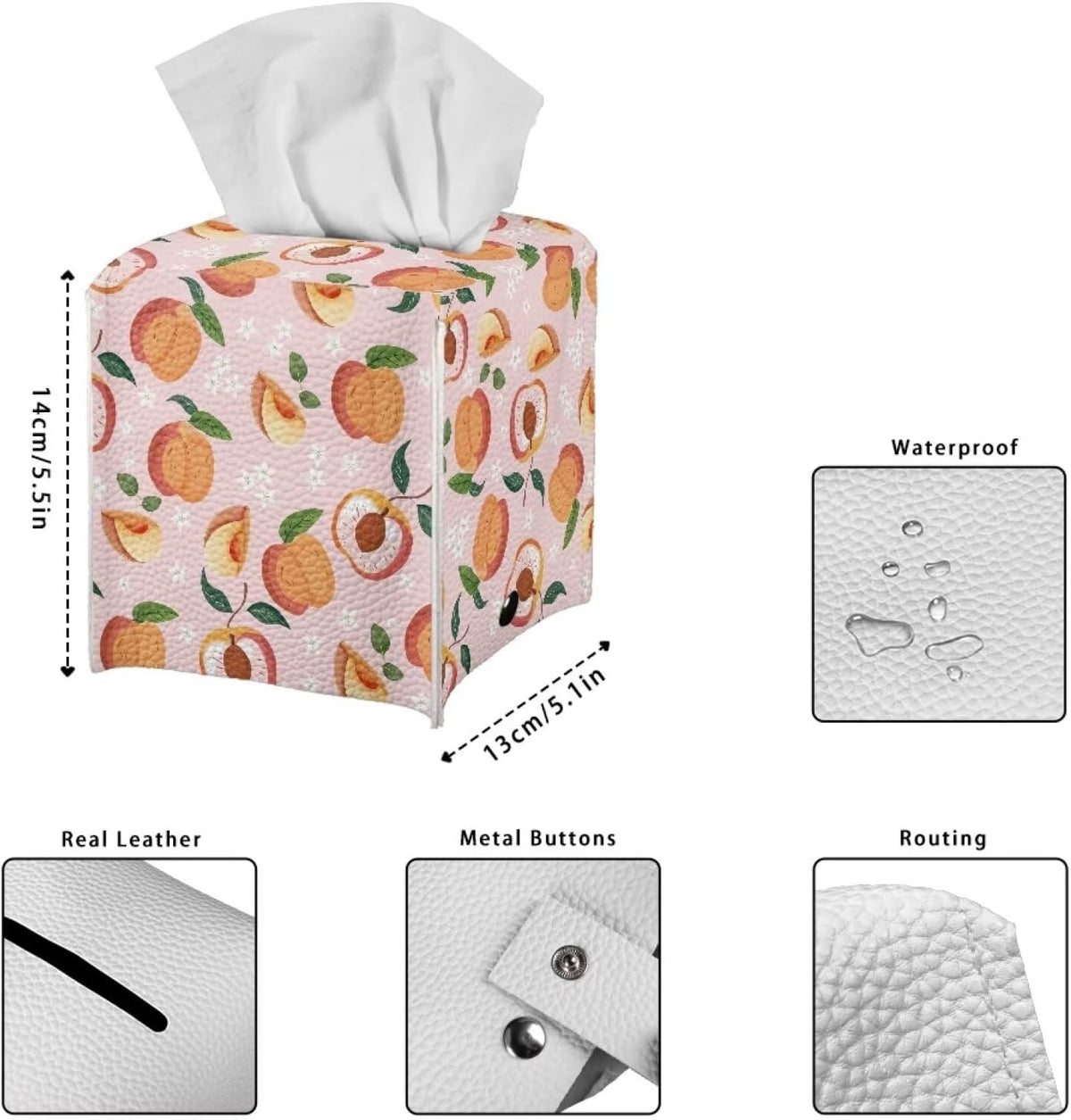 Pink Cute Peach Tissue Box Holder Modern Decorative PU Leather Square Tissue Box Cover for Home Office Tissue Cube Organizer for Dining Table Nightstand