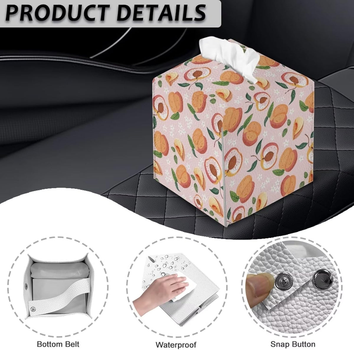 Pink Cute Peach Tissue Box Holder Modern Decorative PU Leather Square Tissue Box Cover for Home Office Tissue Cube Organizer for Dining Table Nightstand