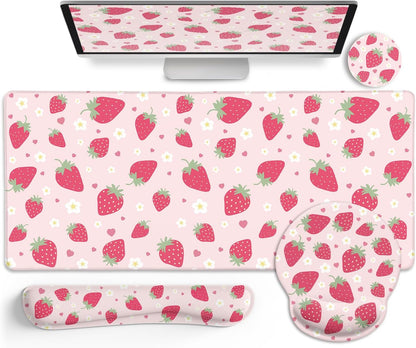 Strawberry Mouse Pad Large Desk Mat Set, Pink Ergonomic Mouse Pad