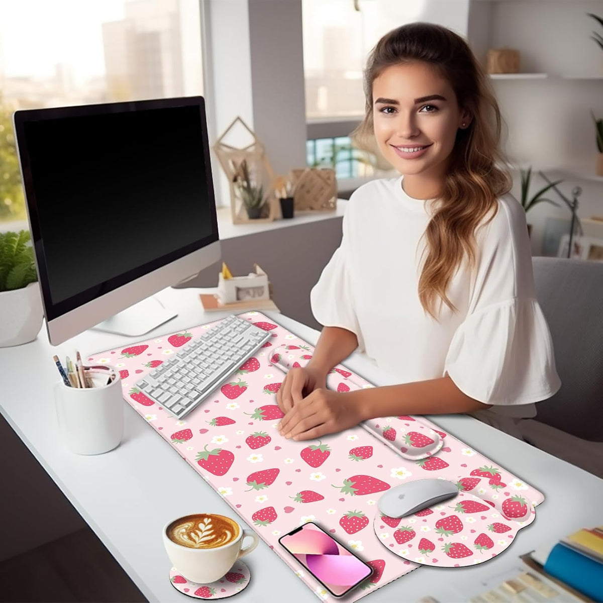 Strawberry Mouse Pad Large Desk Mat Set, Pink Ergonomic Mouse Pad